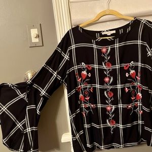 LOFT Black Plaid Top with Red Floral Embroidery